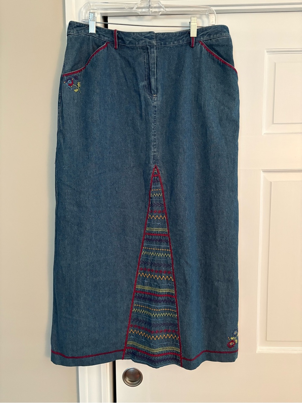 J. Jill Blue Denim Maxi Skirt with Embroidered Inset